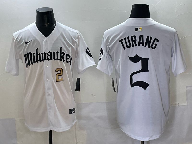 Men 2025 Milwaukee Brewers #2 Turang White Five generations Joint Name Nike MLB Jersey style 3->milwaukee brewers->MLB Jersey